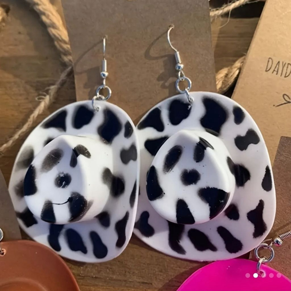 Women's Earrings Cowboy Hat Pink Brown White - Picture 2 of 5